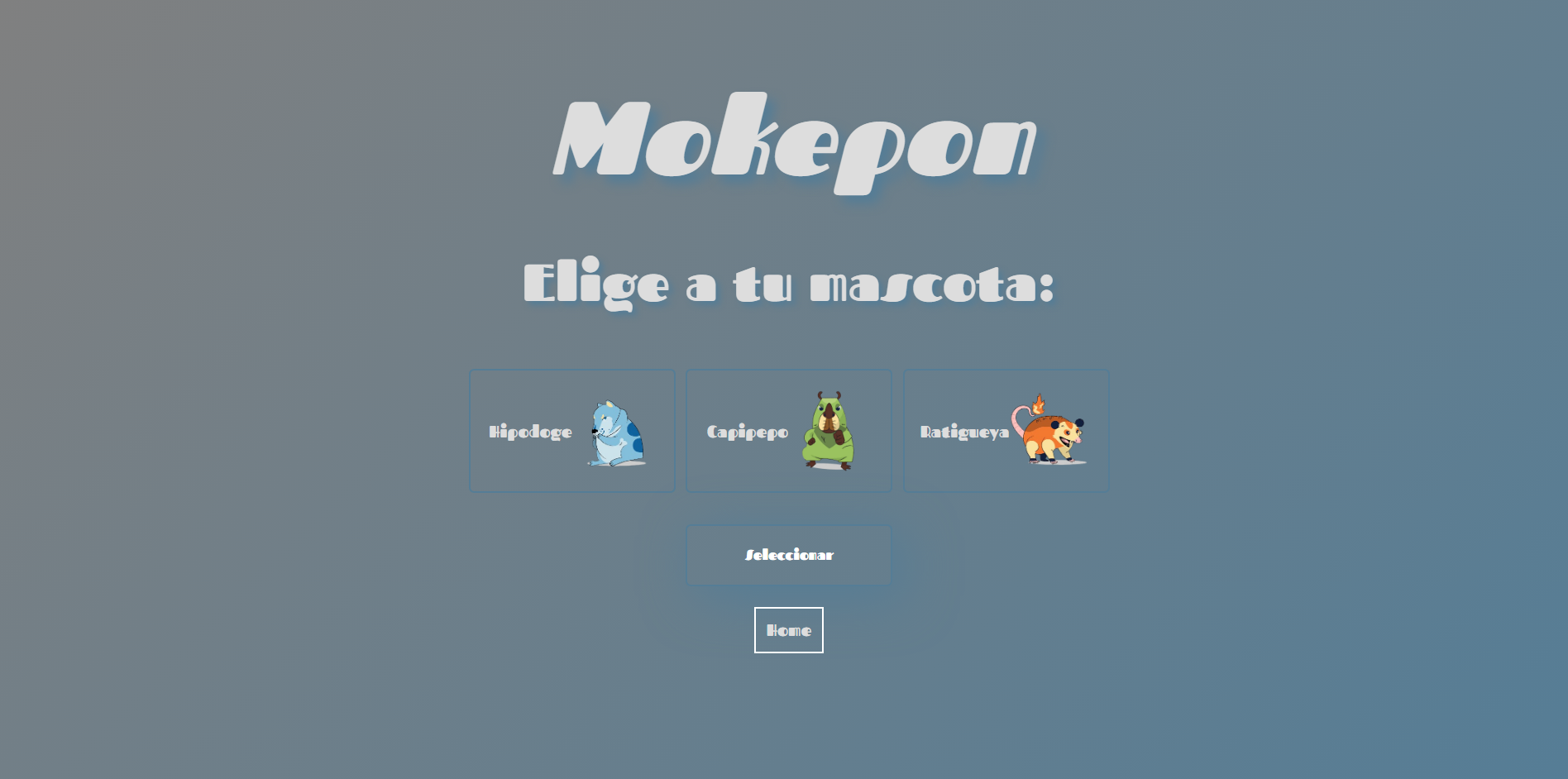 Interfaz del proyecto Mokepon desarrollado con HTML, CSS y JavaScript