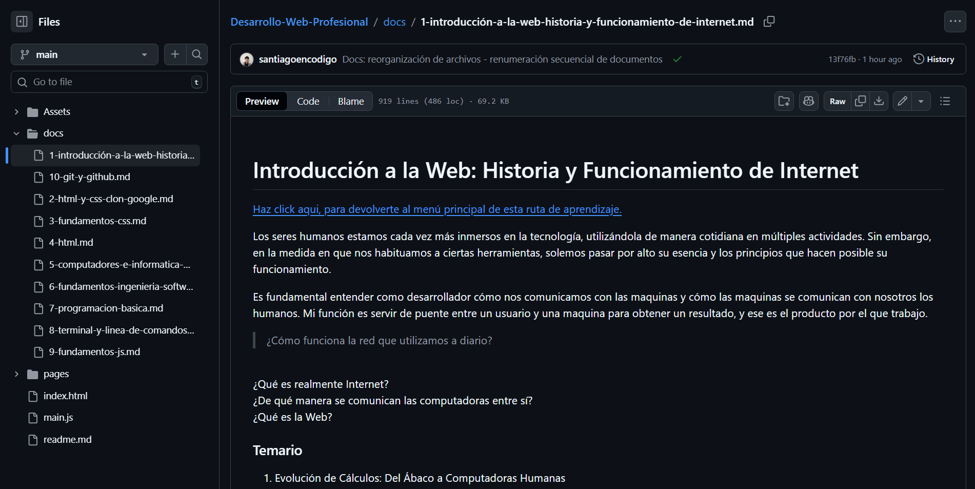 Interfaz en GitHub de archivo markdown sobre el funcionamiento de Internet y la web