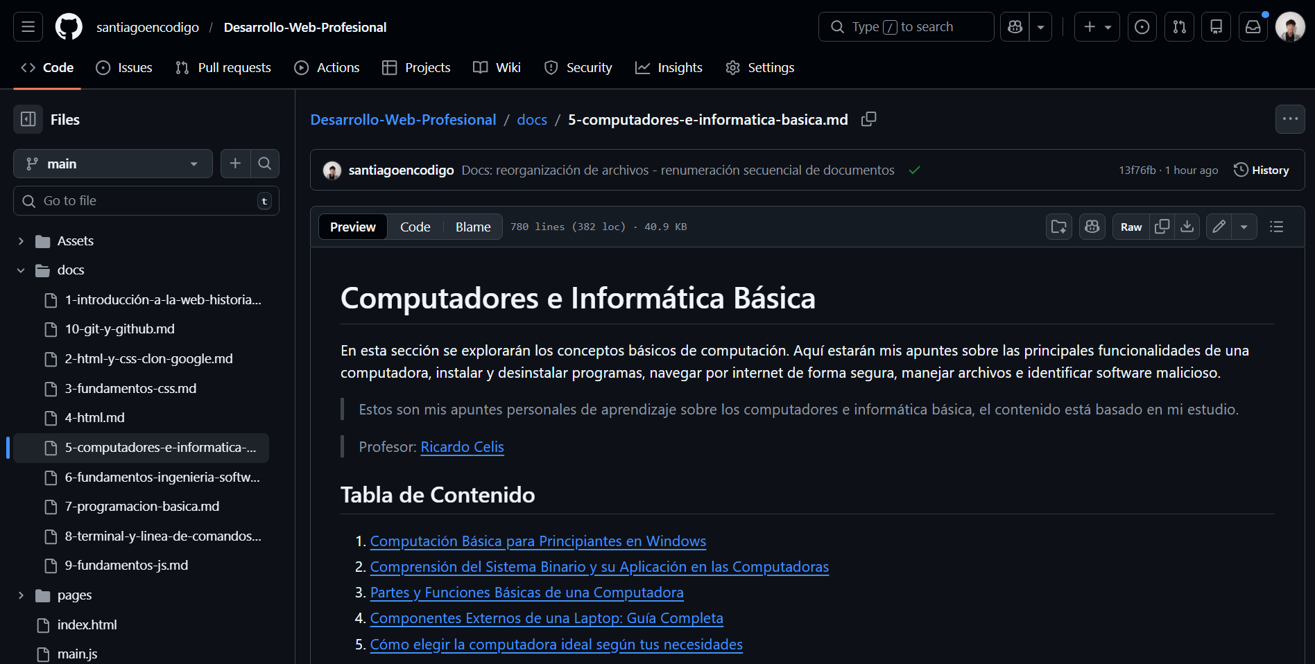 Interfaz en GitHub de archivo markdown sobre la Computación e Informática Básica