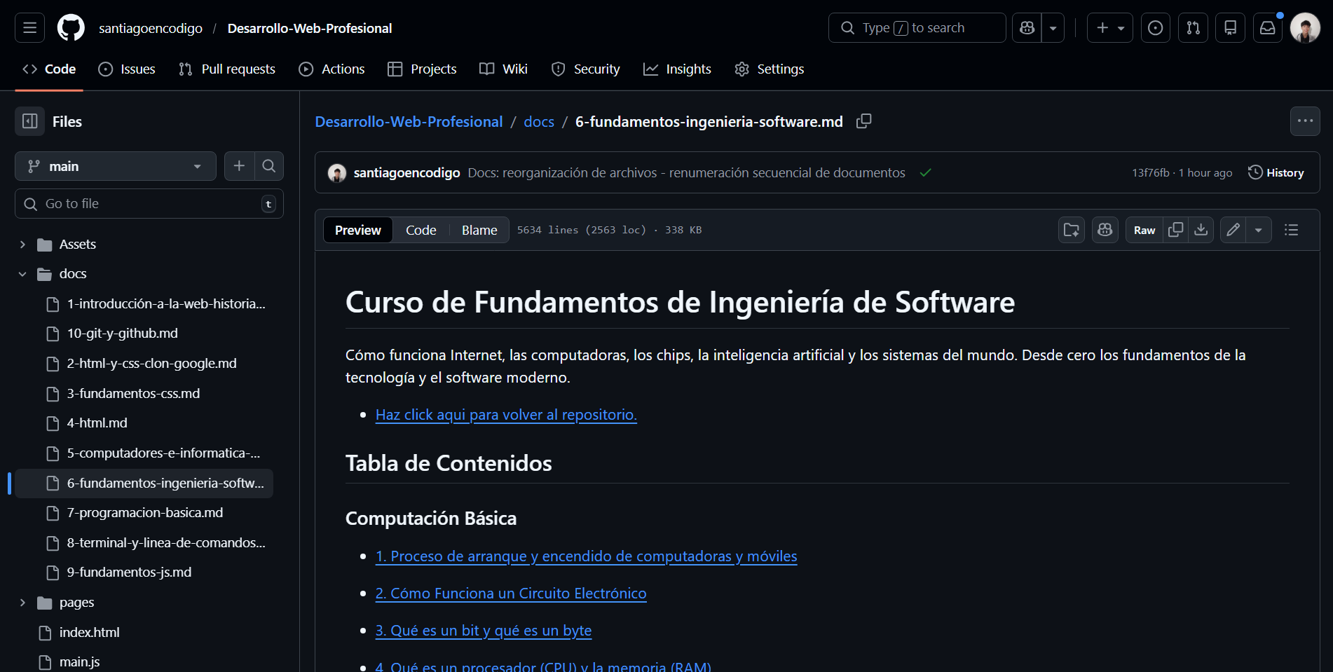 Interfaz en GitHub de archivo markdown sobre los Fundamentos de Ingeniería de Software
