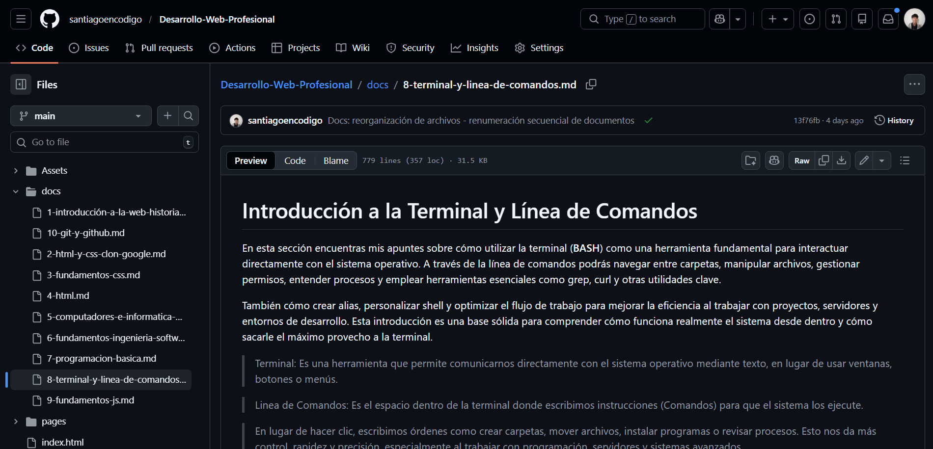 Interfaz en GitHub de archivo markdown sobre la Terminal y Línea de Comandos
