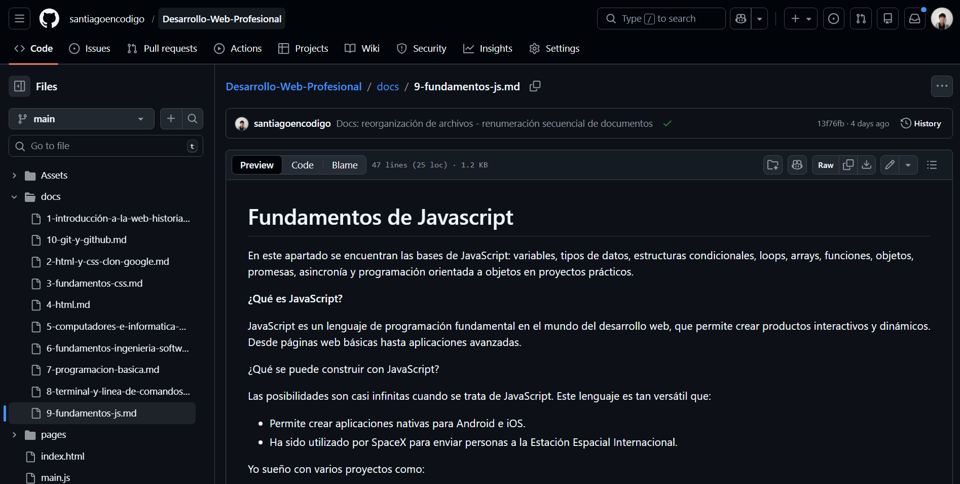Interfaz en GitHub de archivo markdown sobre los Fundamentos de JavaScript