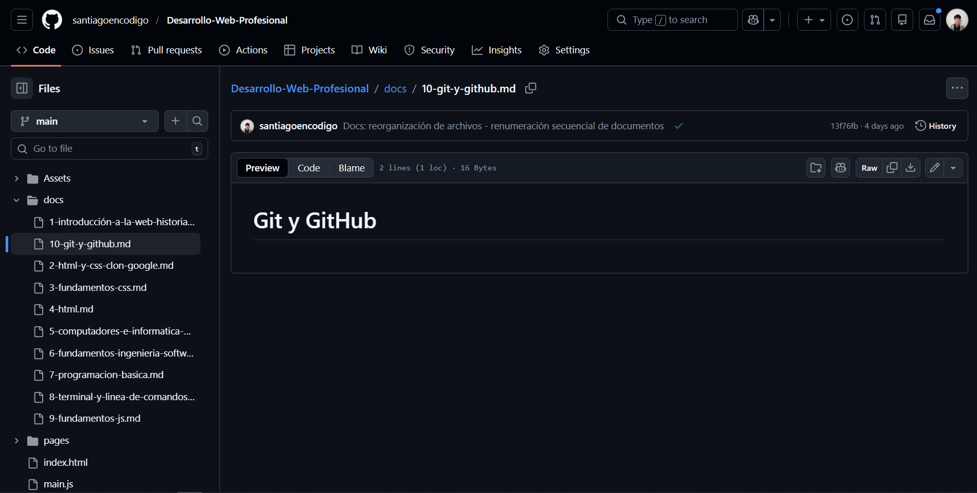 Interfaz en GitHub de archivo markdown sobre Git y Github