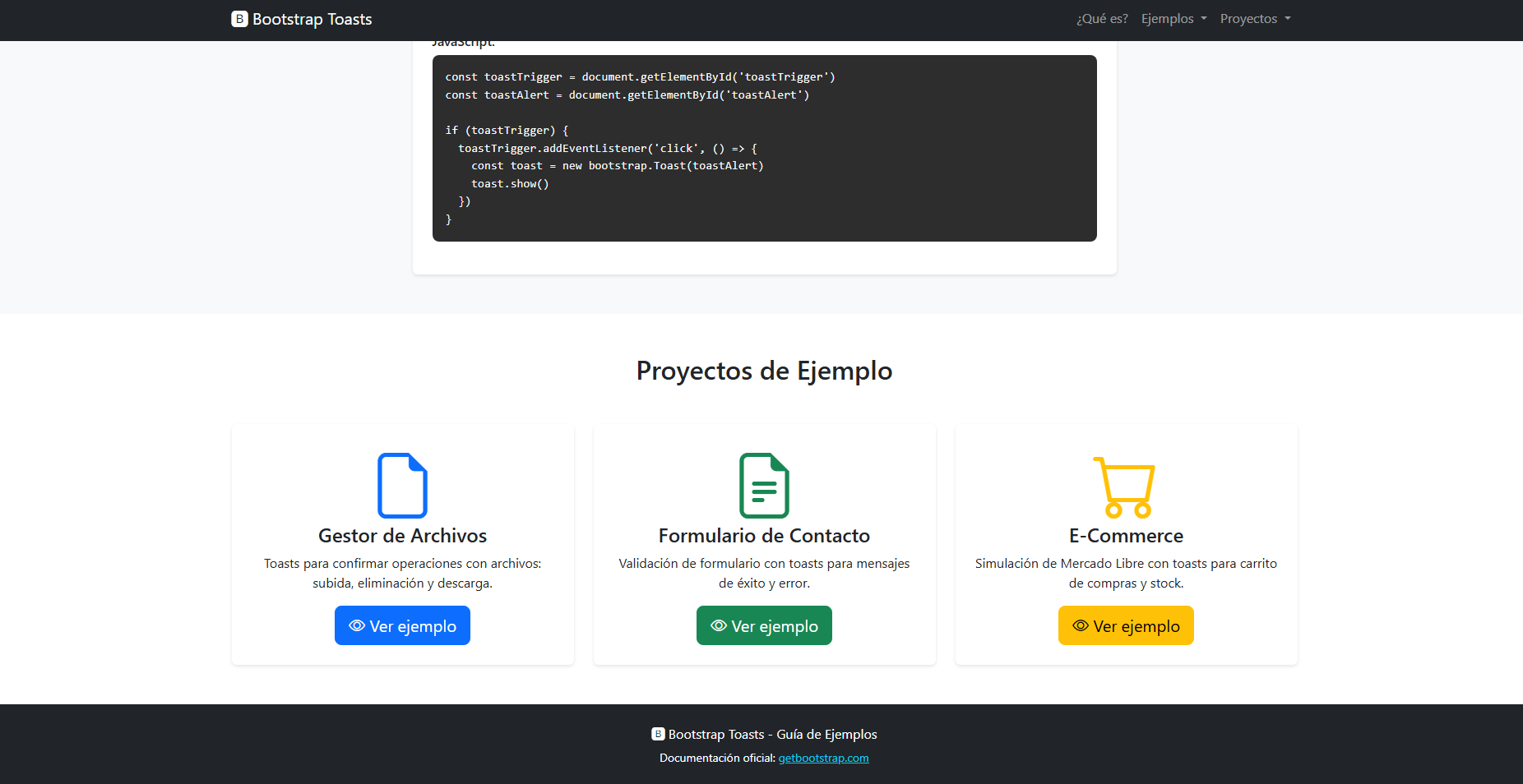 Captura de pantalla del ejemplo de Toasts con Bootstrap